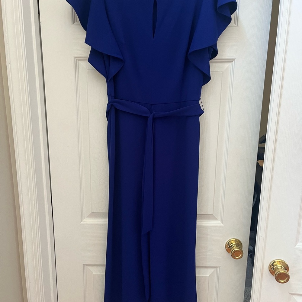 DKNY one piece capri length pant with Ruffle Sleeves, belt, zip back